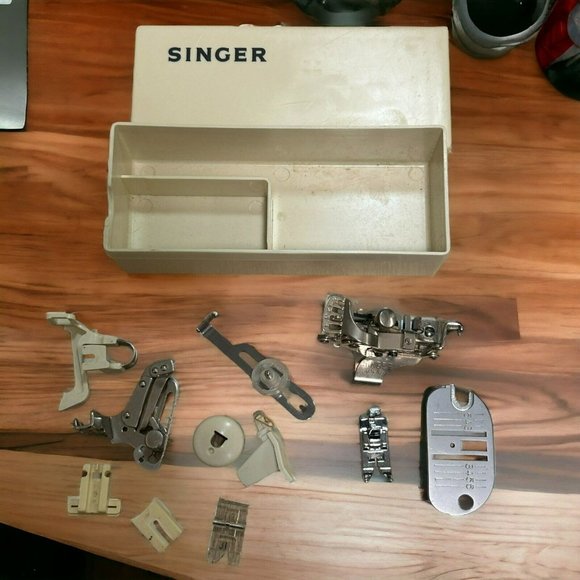 Vintage Singer Sewing Machine Attachments with White Singer Case - Picture 1 of 7